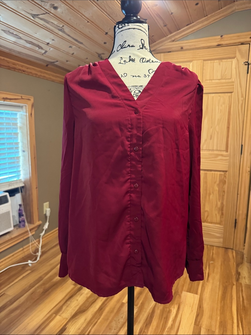 Women's V-Neck Button-Front Blouse - Burgundy
